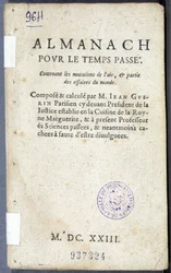 Frontespizio del libro "Almanach pour le temps passé", di Jean Guerin