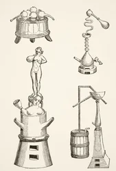 Forno, alambicchi, distillatori e apparecchi di distillazione usati da chimici e alchimisti nel XVI secolo, da Scienza e Letteratura nel Medioevo di Paul Lacroix, pubblicato a Londra nel 1878