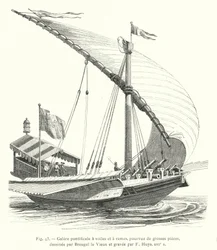 Galea pontificale a vele e remi, dotata di pezzi grossi, disegnata da Breugel il Vecchio e incisa da F Huys, XVI secolo (incisione)