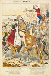 Gambriunus, leggendario re delle Fiandre, foglio illustrato pubblicato da Verlag Haguenthal, Pont-a-Mousson, 1860