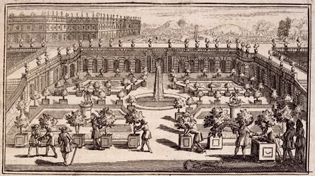 Giardinieri che lavorano in un giardino di aranci, da Le Parfait Jardinier, ou Instruction pour les Jardins Fruitiers et Potager, di Jean de la Quintinye, pubblicato 1695