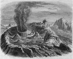 Eruzione di gas del vulcano Antujo in Cile. Incisione di Freeman in "The Picturesque Magasin"