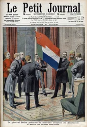 Il generale Pieter Willem Botha (un boero) presenta la nuova bandiera del Transvaal (Sudafrica) al ministro coloniale inglese Lord Elgin - 