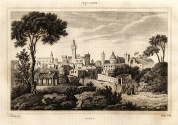 Veduta generale di Siena in Toscana, incisione di C. Deveze in 