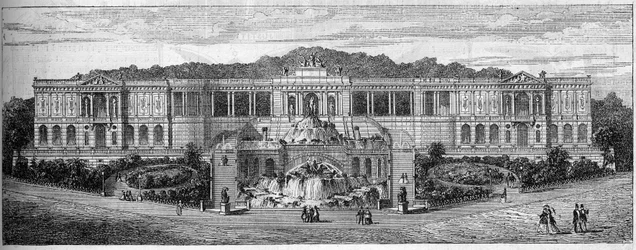 Vista generale del Palais de Longchamp a Marsiglia, Bouches du Rhone (13), come immaginato da Frederic Auguste Bartholdi nel 1859. Incisione in "Le Monde Illustré" n.681 del 30 aprile