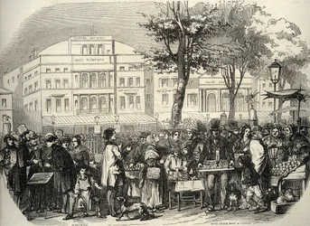 Veduta generale del boulevard du Temple a Parigi - venditori ambulanti - Parigi - Vue générale du boulevard du Temple - Mercanti ambulanti - Incisione in 