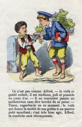 Generosità. Bambino che dà metà del suo spuntino a un piccolo mendicante. Alfabeto dei bambini. Abecedario con valore morale contenente esercizi di lettura. Immagini di Epinal fine XIX secolo