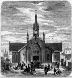 Architettura gotica: vista della facciata della chiesa di Sainte Marie des Champs, Parigi