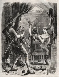 Mitologia greca: "Questo grido fu fatto da Paride". Paride sorprende Elena con Peritanus. Incisione del 1871 in "Histoire Des Cocuses Celebres" di Henry de Kock