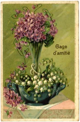 Saluti con bouquet di fiori e rametti di mughetto