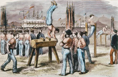 Competizione di ginnastica, 1876 (incisione a colori)