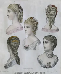 Acconciature, illustrazione da Le Moniteur de la Coiffure, 10 dicembre 1879 (incisione a colori)