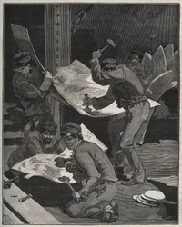 Martellatura e assemblaggio dei pezzi della Statua della Libertà realizzata da Frédéric Auguste Bartholdi. Incisione del 1880 in 