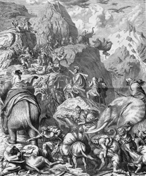 Annibale attraversa le Alpi con elefanti per arrivare in Italia (II Guerra Punica). Incisione del XIX secolo