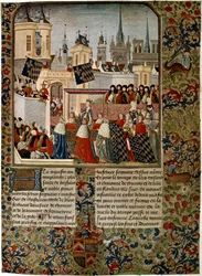 Ingresso della regina Isabella, consorte estraniata di Edoardo II a Parigi nel 1325, eseguito da Jean Froissart per lo storico Philippe de Comines
