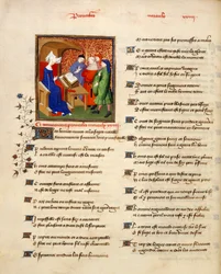Miniatura di una donna che legge proverbi morali all