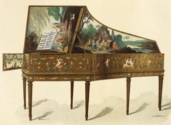 Clavicembalo decorato con grottesche, illustrazione da Dictionary of Furniture and Decoration di Henry Havard, Volume I