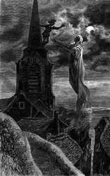 Apparve sul campanile della chiesa. Incisione che illustra il romanzo "Fuoco e Fiamme" di Zenaide Fleuriot. In "Le Journal de la jeunesse"