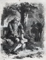 Sentì il sussurro di un bacio. Il filosofo svizzero Jean Jacques (Jean-Jacques) Rousseau (1712-1778) sorprende la sua compagna Marie-Thérèse (Marie Thérèse) Le Vasseur (Levasseur) (1721-1801) in pieno adulterio. Incisione del 1871 in "Histoire Des Cocus Cé
