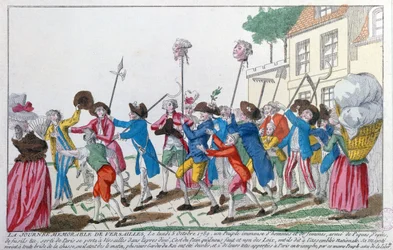 Le teste di due delle guardie del re uccise il 5 ottobre 1789 a Versailles dalla folla parigina sono portate in trionfo a Parigi