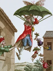 Sollevati da ombrelli e farfalle, uomini e donne volano fuori dalle finestre