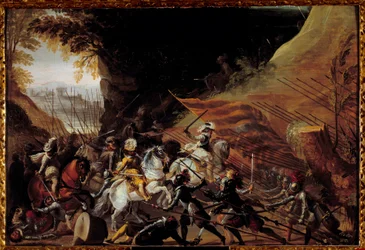 Enrico IV (1589-1610) alla testa della sua cavalleria. Dipinto anonimo francese del XVII secolo. Olio su legno. Dim: 0.35 X 0.52m. Pau, Museo del Castello