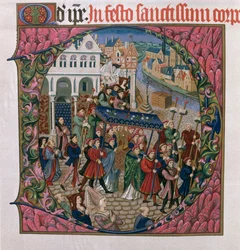 Iniziale istoriata D raffigurante una processione religiosa in Place de Greve, Parigi nel XV secolo (edizione facsimile del Missel de Jouvenel des Ursins)