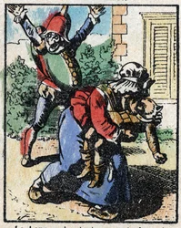 Storia del dottor Pulcinella. Incisione su legno di Imagerie Pellerin - Epinal, fine XIX secolo