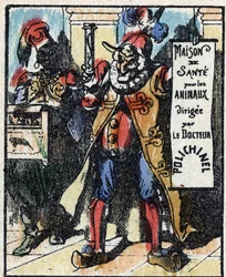 Storia del dottor Pulcinella. Incisione su legno di Imagerie Pellerin - Epinal, fine XIX secolo