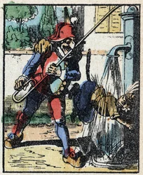 Storia del dottor Pulcinella. Incisione su legno di Imagerie Pellerin - Epinal, fine XIX secolo