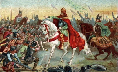 Storia della Gallia nel Medioevo: sassoni germanici inginocchiati davanti al re Carlo Magno che vinse le guerre. Cromolitografia della fine del XIX secolo.