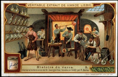 Storia del vetro: Vetrerie boeme di San Georgenthal fondate nel 1442 da P. Berka. Cromolitografia Liebig, fine XIX secolo