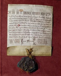 Omaggio a Re Filippo II (1165-1223) da parte di Simon de Montfort (c.1160-1218) per i territori confiscati a Raimondo VI (1197-1249) c.1216