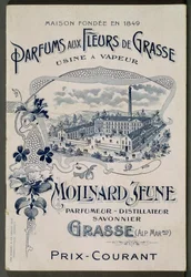 Casa fondata nel 1849 - Fragranze ai Fiori di Grasse - Impianto a vapore: Molinard Jeune - Carta pubblicitaria che presenta la fabbrica Molinard - incisione, inizio XX secolo