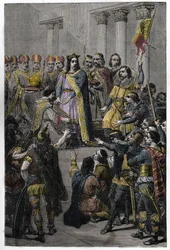 Ugo Capeto eletto re - Incoronazione di Ugo Capeto (ca. 941-996), re di Francia, il 3 luglio 987 a Noyon, da parte di Adalberone (ca. 925-990), arcivescovo di Reims.