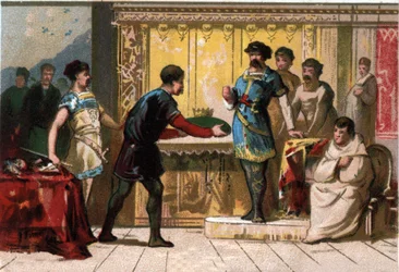 Ugo il Grande (897-956) incorona Raoul o Rodolfo di Borgogna (circa 890-936), Duca di Borgogna e Re di Francia. Cromolitografia della fine del XIX secolo
