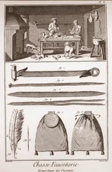 Caccia - Falconeria - Alimentazione degli uccelli - Incisione di Benard da Goussier - "La Grande Enciclopedia, ou Dizionario Ragionato delle Scienze, delle Arti e dei Mestieri" (Enciclopedia o Dizionario delle Scienze, Arti e Professioni) di Denis Diderot 