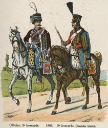 Ussari 1° vendemmiaio An XII (24 settembre 1803): Ufficiale, 2° ussari e 9° ussari in grande uniforme nel 1806. Tavola dal libro Les Uniforms de l