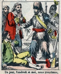 Illustrazione per il libro di Daniel Defoe "Robinson Crusoe". Immagine di Epinal fine XIX secolo