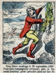 Illustrazione per il libro di Daniel Defoe "Robinson Crusoe". Immagine di Epinal fine XIX secolo.