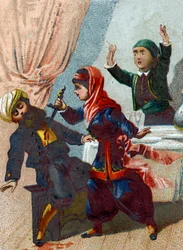 Illustrazione per Le Mille e una Notte. Il capitano si traveste di nuovo e torna da Alì Babà, ma Morgiana lo riconosce e lo pugnala durante una danza. Cromolitografia intorno al 1890.