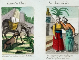 Illustrazione per le favole di Jean de la Fontaine: a sinistra "L