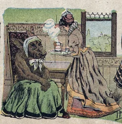 Illustrazione per la fiaba "La Bella e la Bestia": doveva prendersi cura di lei per lunghe settimane. Incisione di Quinn, circa 1890