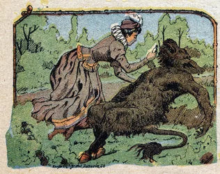 Illustrazione per la fiaba "La Bella e la Bestia": la bella rianima la bestia svenuta dal dolore quando lei rifiuta di sposarlo. Incisione di Quinn imagery, circa 1890.