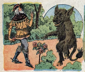 Illustrazione per la fiaba "La Bella e la Bestia": il mercante taglia una rosa nel giardino della Bestia per portarla alla figlia Belle. Incisione di Quinn imagery, circa 1890.