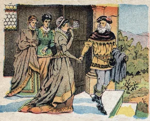 Illustrazione per la fiaba "La Bella e la Bestia": il mercante in partenza per un viaggio saluta le sue tre figlie e promette loro un regalo al suo ritorno. Incisione di Quinn imagery, circa 1890.