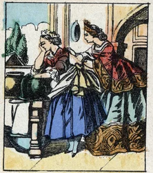 Illustrazione del racconto di Charles Perrault "Cenerentola o La piccola scarpetta di vetro". Incisione su legno di Imaging Pellerin - Epinal, sd. Fine XIX secolo.