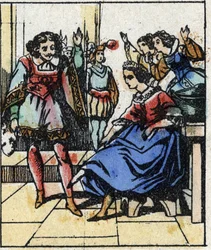 Illustrazione della fiaba di Charles Perrault "Cenerentola o La scarpetta di vetro". Incisione su legno di Imaging Pellerin - Epinal, fine XIX secolo.