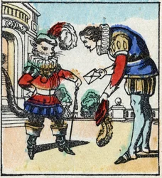 Illustrazione del racconto di Charles Perrault "Il gatto con gli stivali". Incisione su legno di Imaging Pellerin - Epinal, sd. Fine XIX secolo.