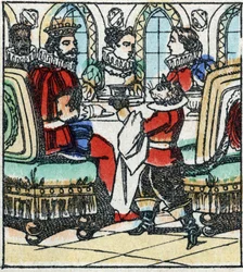 Illustrazione della fiaba di Charles Perrault “Il gatto con gli stivali”. Incisione su legno di Imaging Pellerin - Epinal, fine XIX secolo.